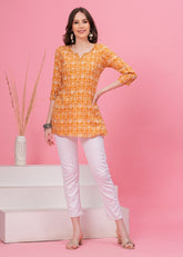 Golden Glow Stylish Yellow Pure  Cotton  Stylish  Notch Neck Line with Lace  Short Kurti